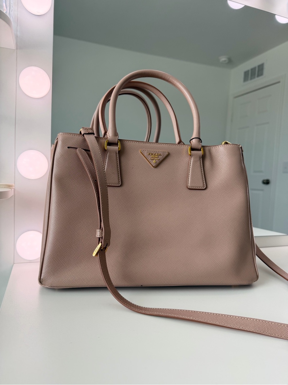 Authentic PRADA Galleria Saffiano Lux Double zip Tote blush pink top handle